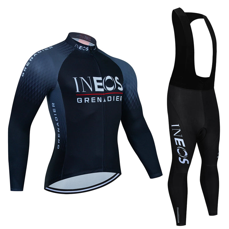 CONJUNTO INEOS INVERNO – Conjunto Ineos Grenadier de camisa de manga longa/comprida e BIB/calção Ciclismo Manga Comprida, BTT Maillot, Bicicleta de Estrada, Roupas Esportivas, Secagem Rápida, Outono, masculino e feminino