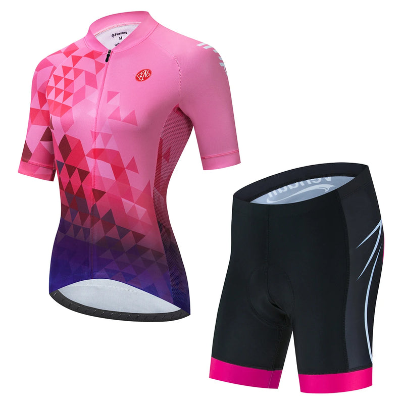 CONJUNTO VENDULL - Conjuntos de roupas de ciclismo feminino camisa de ciclismo de manga curta verão com calção BIB, speed, MTB, estrada, pista, bicicleta camisa roupa maillott