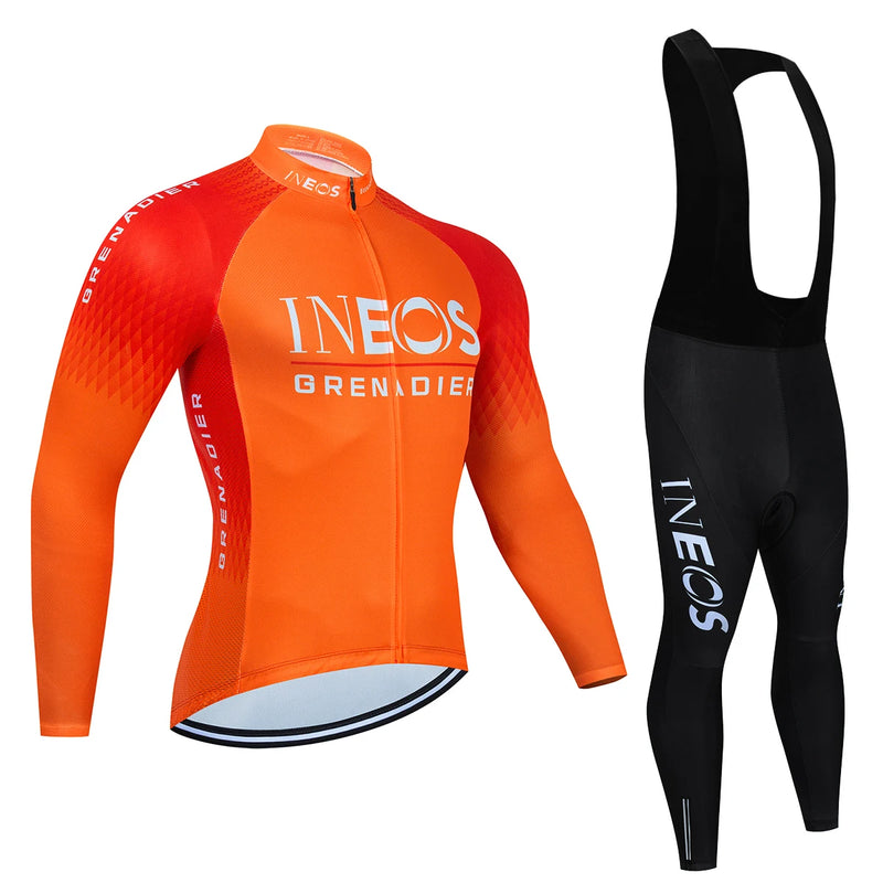 CONJUNTO INEOS INVERNO – Conjunto Ineos Grenadier de camisa de manga longa/comprida e BIB/calção Ciclismo Manga Comprida, BTT Maillot, Bicicleta de Estrada, Roupas Esportivas, Secagem Rápida, Outono, masculino e feminino