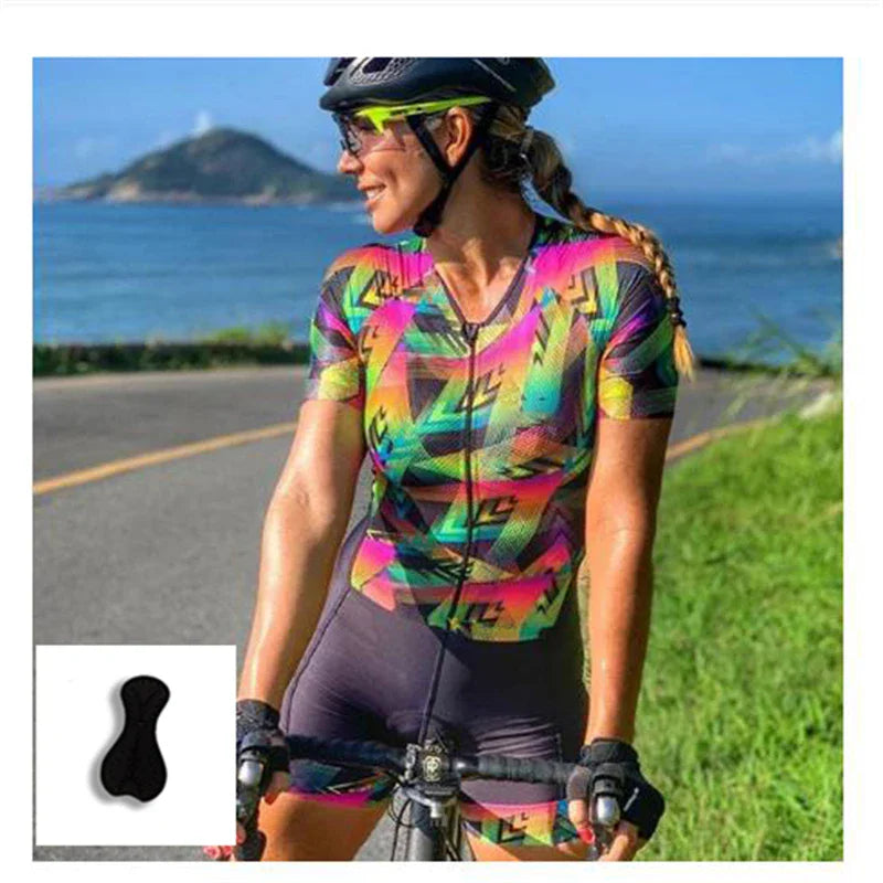 MACAQUINHO FEMININO – Macaquinho feminino respirável com manga curta ciclismo jersey, personalizado pro triathlon, senhoras gel pad, bicicleta macacão conjuntos, novo