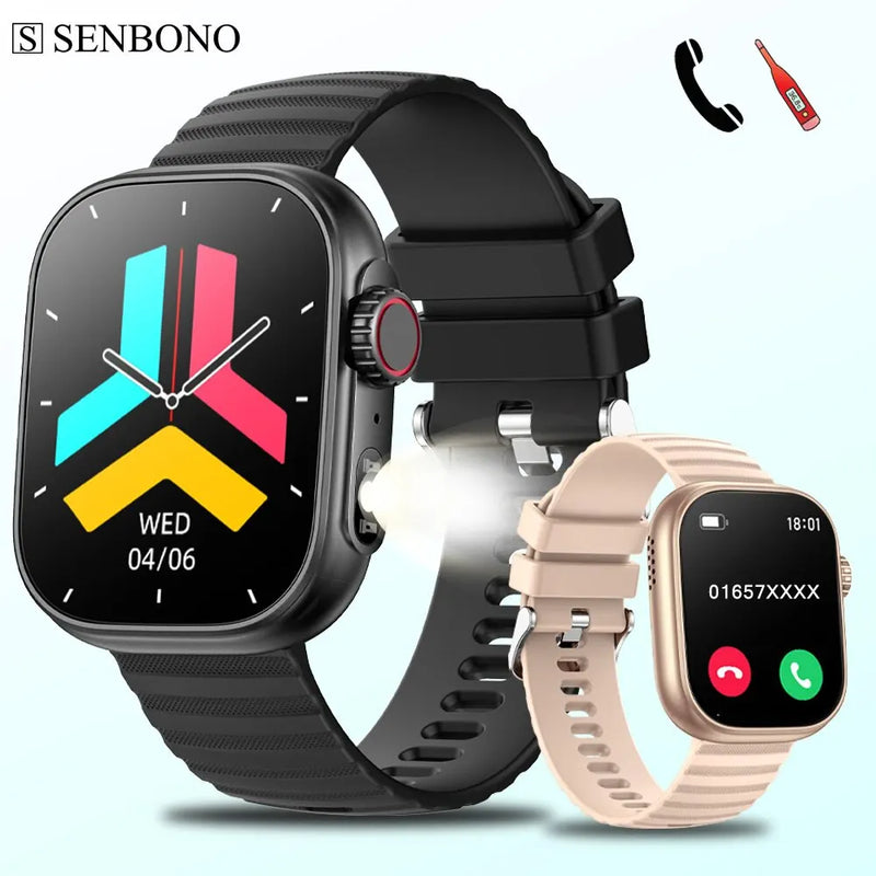 SENBONO - Relógio SmartWatch com lanterna LED, 100 + modos esportivos,  rastreador de fitness, temperatura corporal, tela 2.01 "tela