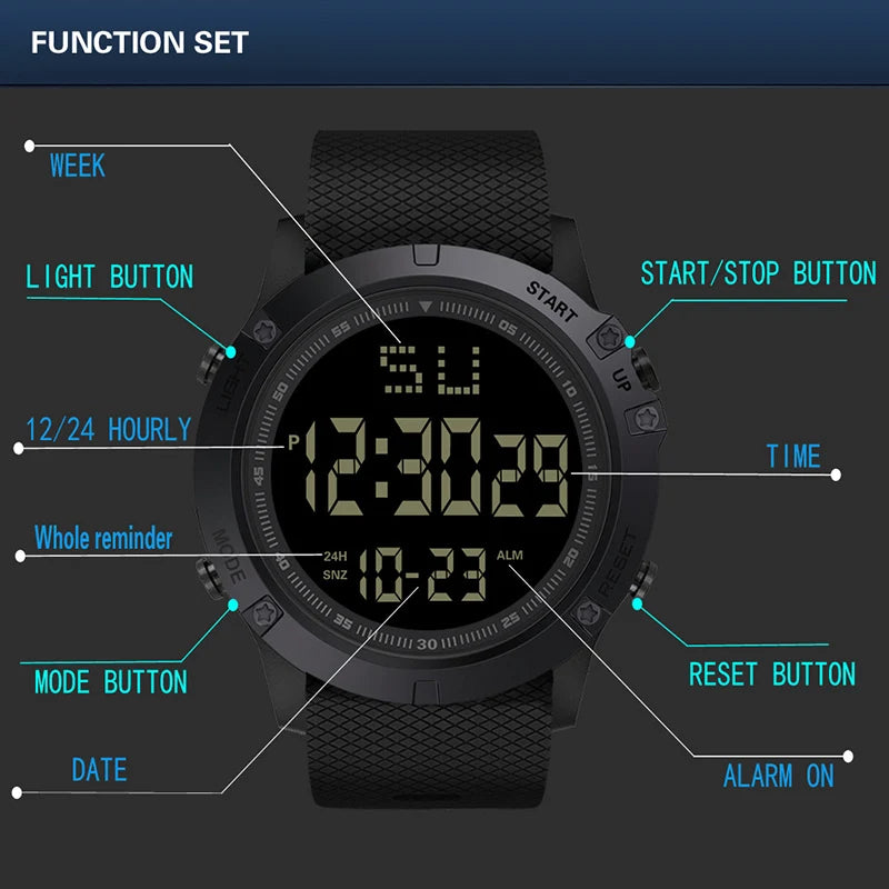 YIKAZE - Relógio Militar, esportivo, multifunções, digital, à prova d'água, luminoso, LED, mostrador grande