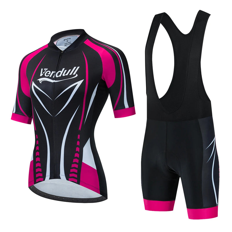 CONJUNTO VENDULL - Conjuntos de roupas de ciclismo feminino camisa de ciclismo de manga curta verão com calção BIB, speed, MTB, estrada, pista, bicicleta camisa roupa maillott