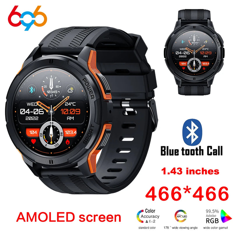 C25 - Relógio Smartwatch com Tela AMOLED 1.43", 1ATM, Impermeável, Monitor de Frequência Cardíaca, Esportivo, Chamada de Bluetooth