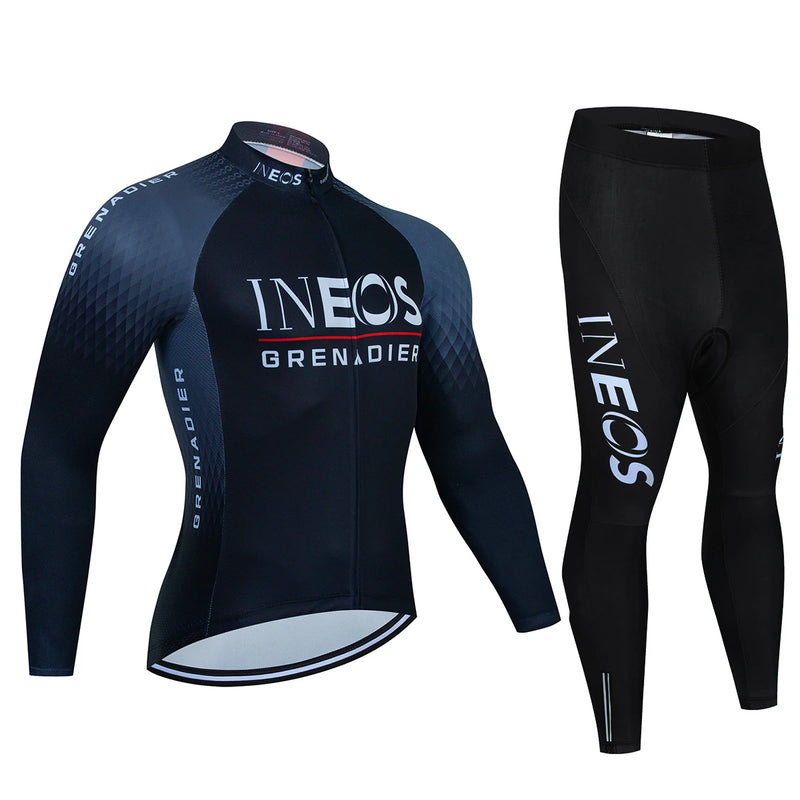 CONJUNTO INEOS INVERNO – Conjunto Ineos Grenadier de camisa de manga longa/comprida e BIB/calção Ciclismo Manga Comprida, BTT Maillot, Bicicleta de Estrada, Roupas Esportivas, Secagem Rápida, Outono, masculino e feminino