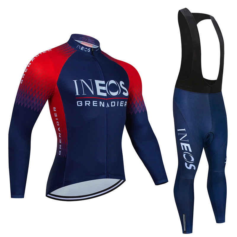 CONJUNTO INEOS INVERNO – Conjunto Ineos Grenadier de camisa de manga longa/comprida e BIB/calção Ciclismo Manga Comprida, BTT Maillot, Bicicleta de Estrada, Roupas Esportivas, Secagem Rápida, Outono, masculino e feminino