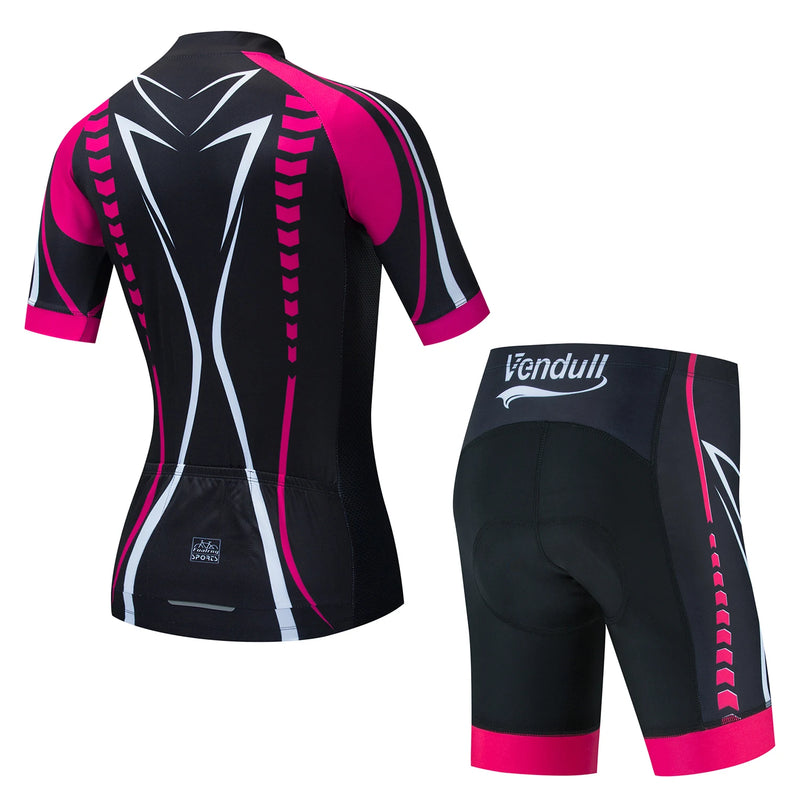 CONJUNTO VENDULL - Conjuntos de roupas de ciclismo feminino camisa de ciclismo de manga curta verão com calção BIB, speed, MTB, estrada, pista, bicicleta camisa roupa maillott