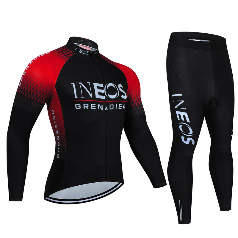 CONJUNTO INEOS INVERNO – Conjunto Ineos Grenadier de camisa de manga longa/comprida e BIB/calção Ciclismo Manga Comprida, BTT Maillot, Bicicleta de Estrada, Roupas Esportivas, Secagem Rápida, Outono, masculino e feminino