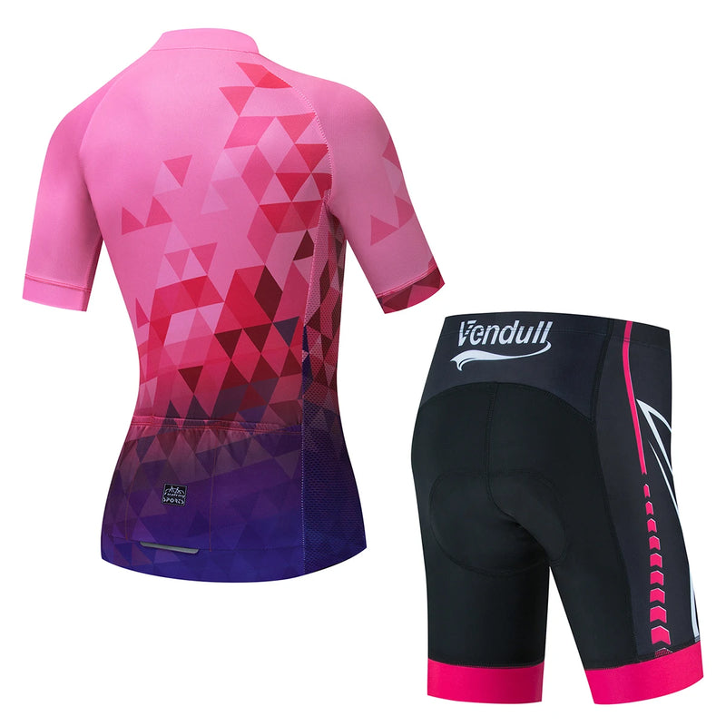 CONJUNTO VENDULL - Conjuntos de roupas de ciclismo feminino camisa de ciclismo de manga curta verão com calção BIB, speed, MTB, estrada, pista, bicicleta camisa roupa maillott