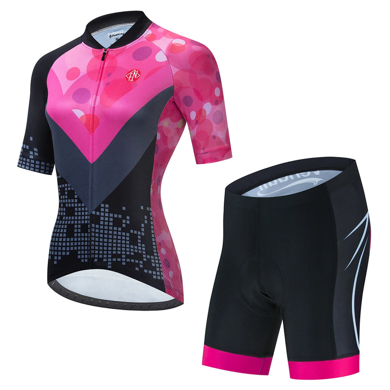 CONJUNTO VENDULL - Conjuntos de roupas de ciclismo feminino camisa de ciclismo de manga curta verão com calção BIB, speed, MTB, estrada, pista, bicicleta camisa roupa maillott