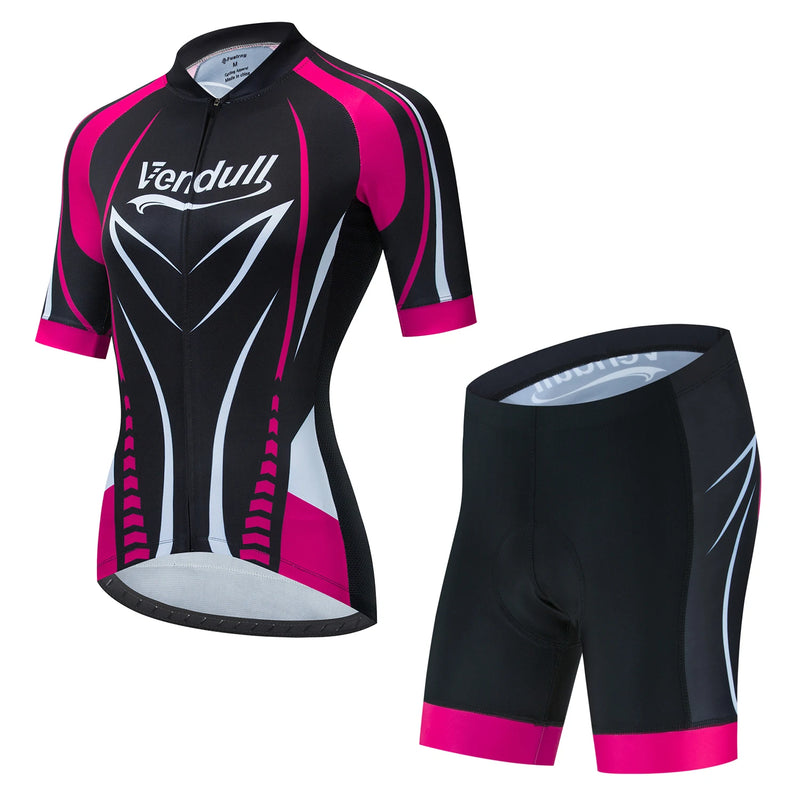 CONJUNTO VENDULL - Conjuntos de roupas de ciclismo feminino camisa de ciclismo de manga curta verão com calção BIB, speed, MTB, estrada, pista, bicicleta camisa roupa maillott